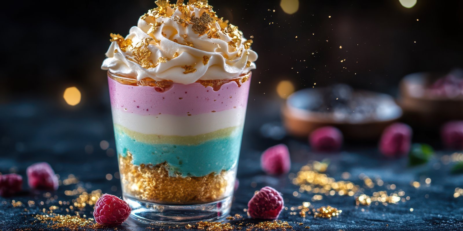 Colorful dessert layered with raspberry, whipped cream, and gold sprinkles served in a glass at a festive occasion